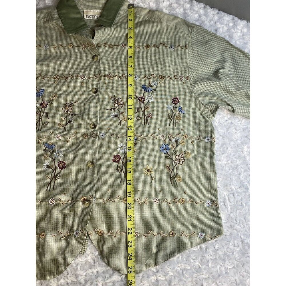 Casey & Max Size M Vintage Sage Herringbone Embroidered Floral Button Down NWT - Picture 11 of 15